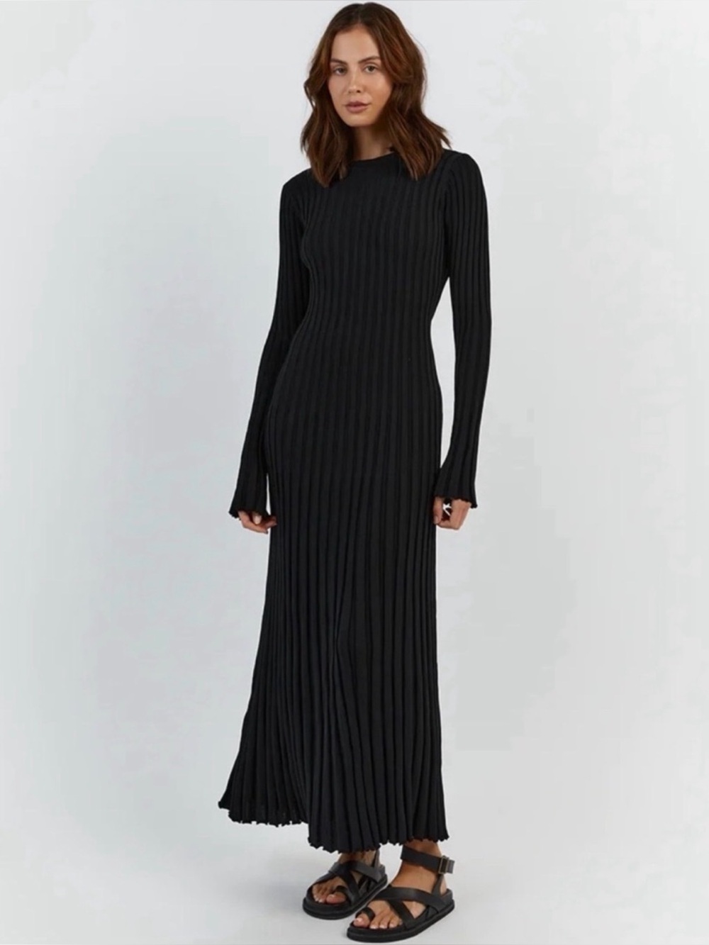 DISSH Black Long Ribbed Knit Dress with Long Sleeves